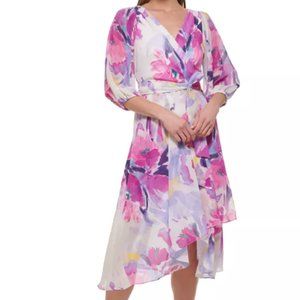 Women's Floral-Print Balloon-Sleeve Tie-Waist V-Neck Dress
